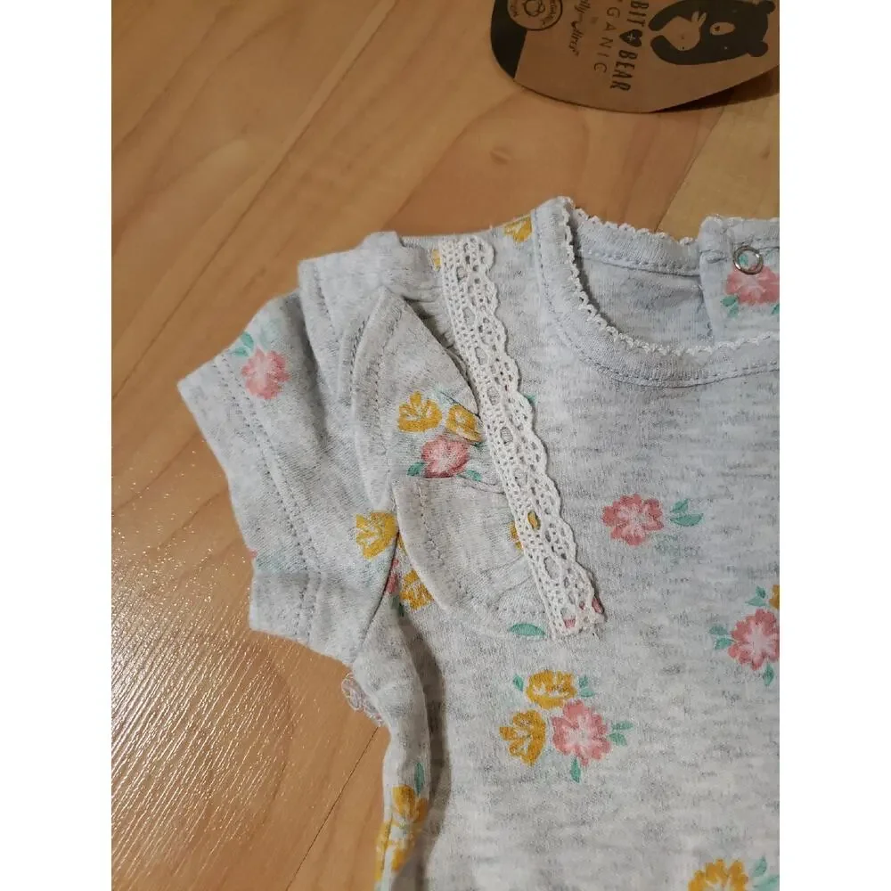 NWT Rabbit + Bear Organic Baby Girl Outfit Set Floral Top Yellow Pants 0-3M